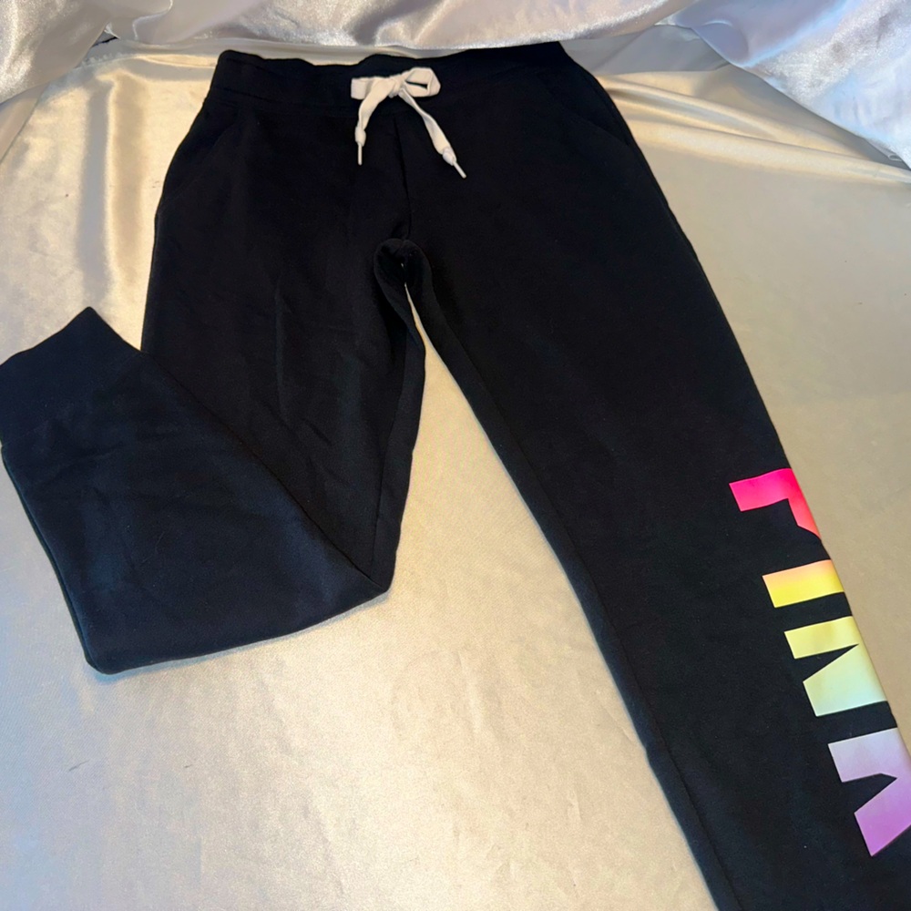 Victorias Secret Pink Logo Skinny Jogger Pants Rainbow Black Small